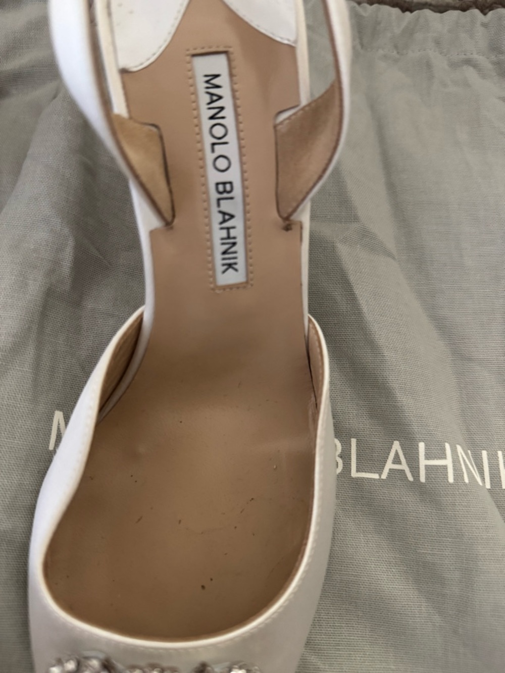 Manolo Blahnik White Satin Crystal-Embellished Slingback Pumps - Picture 3 of 13